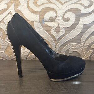 Vince Camuto Black Suede High Heel Platform Pump with Gold Heel Accents